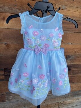 Jona Michelle Light Blue Floral Embroidered Party Dress with Lilac Bow